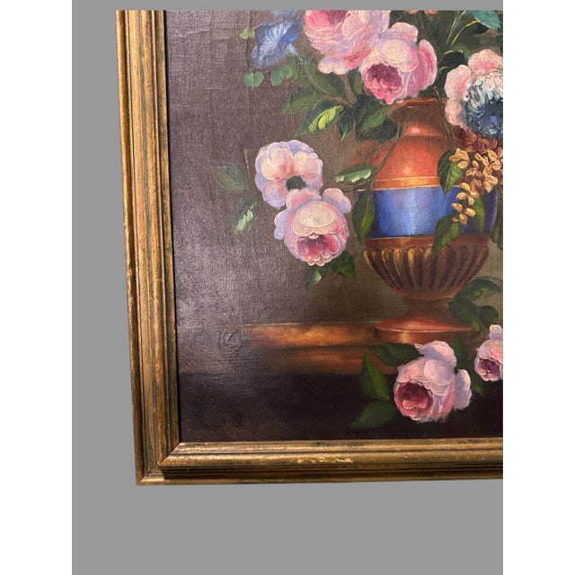 Antique Gold Framed Bouquet of Flowers in Urn Still Life Oil Painting On Canvas In an old gold distressed painted frame...