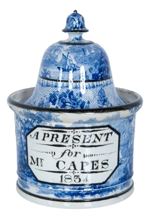 Antique Blue & White Pearlware Pottery Humidor "A Present for Mr. Capes 1834"