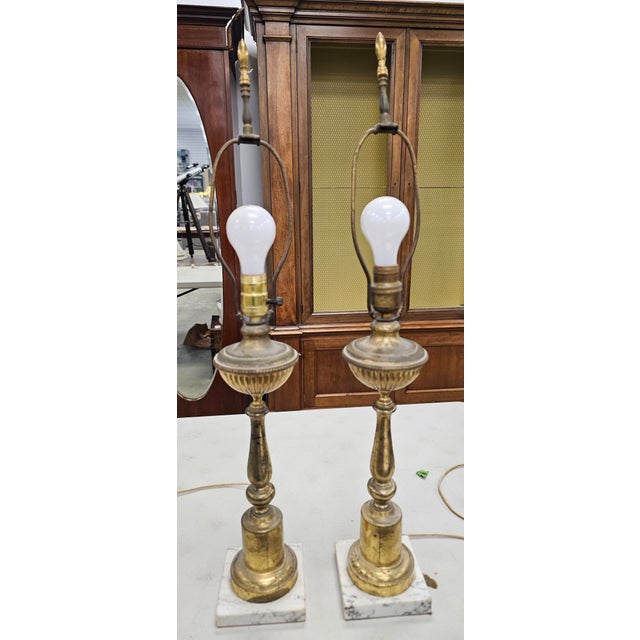 Mid Century Gilt Brass Metal and Marble Table Lamps - a Pair For Sale - Image 4 of 6