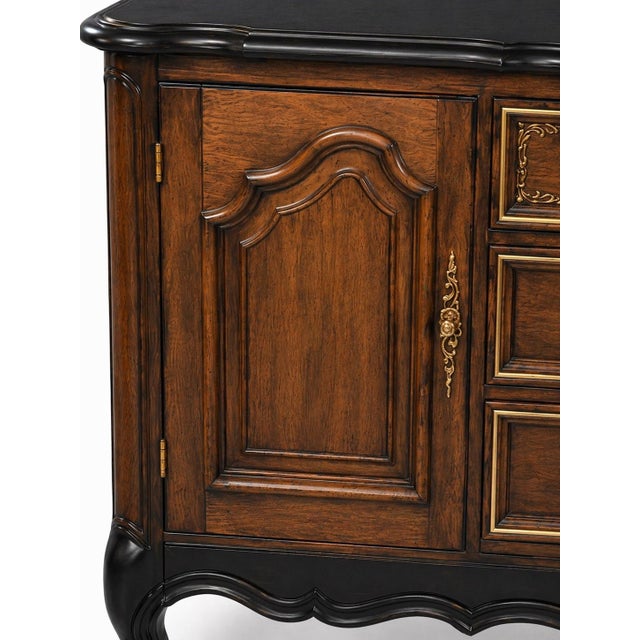 Vintage French Provincial Sideboard Buffet – Black Satin Top & Skirt, Tobacco Wood Finish, Gilt Hardware – 60” For Sale - Image 4 of 12