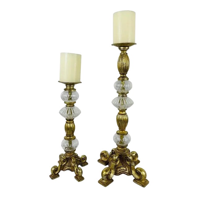 Italian Rococo Style Gilt Metal and Cut Glass Candle Holder, a Pair For Sale