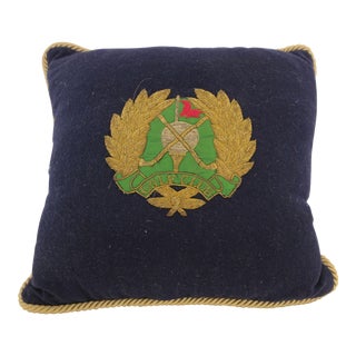 Mid 20th Century British Royal Golf Club Blue and Gold Thread Embroidered Pillow For Sale