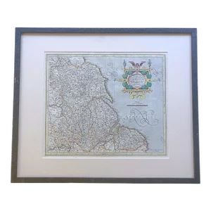 Decorative Early Hand-Colored Map of the Northeast of England With Frame