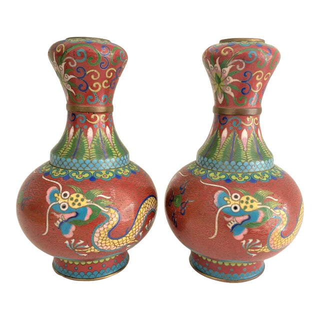 Antique Petite Chinese Dragon Cloisonné Garlic-Head Vases - a Pair For Sale