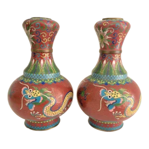 Antique Petite Chinese Dragon Cloisonné Garlic-Head Vases - a Pair