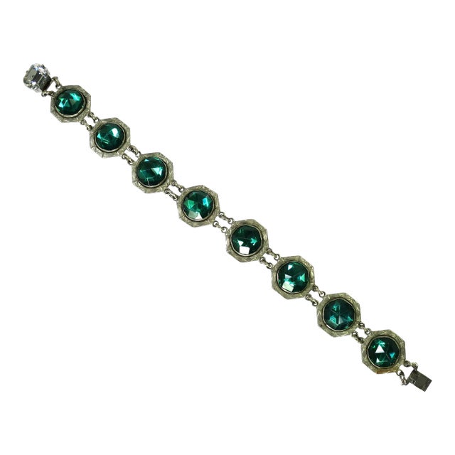 Vintage 1920s Art Deco Emerald Vauxhall Glass Bracelet For Sale