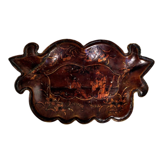 1900s Chinese Wood Platter Tray With Gold Painting For Sale