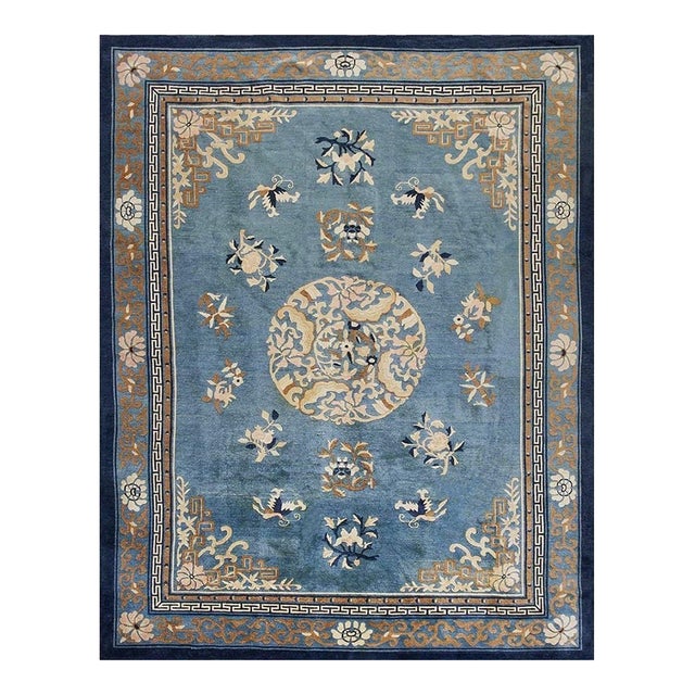 Wool Room Size Antique Medallion Chinese 1880s Knotted Rectangle Blue Peking Rug For Sale