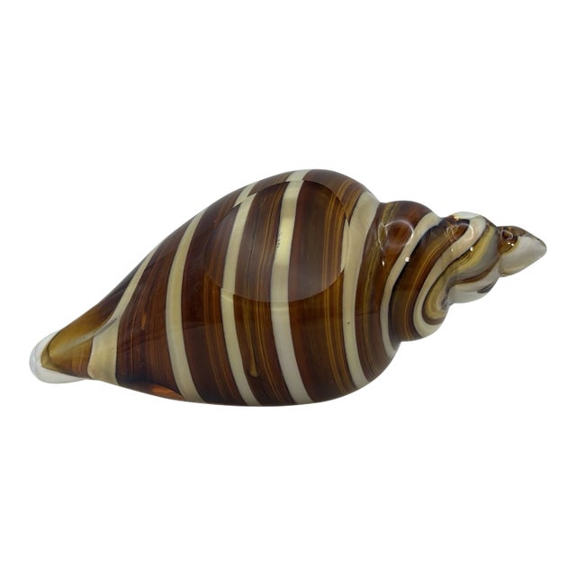 Vintage Murano Style Art Glass Conch Shell Cream Brown Swirl Paperweight For Sale