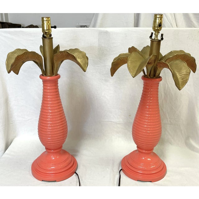 Metal Vintage Goldtone and Coral Grand Palm Tree Lamps- a Pair For Sale - Image 7 of 12