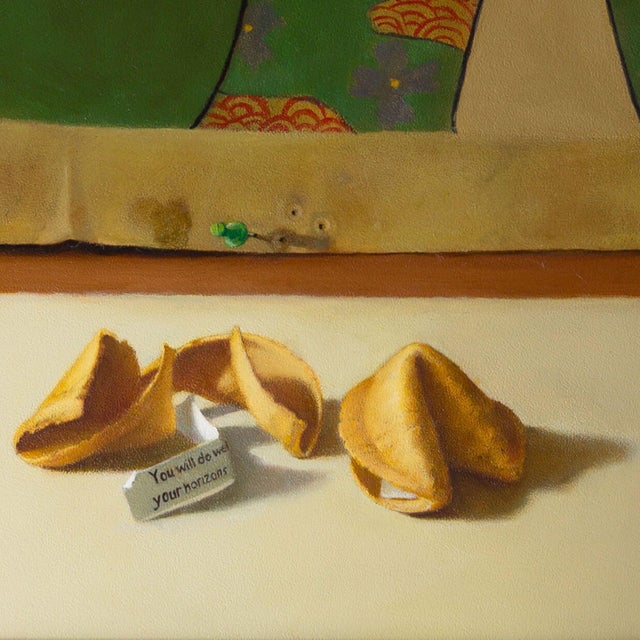 2010s Tea and Cookies by Sarah van der Helm | Oil on panel Still life of a teapot and fortune cookies For Sale - Image 5 of 5