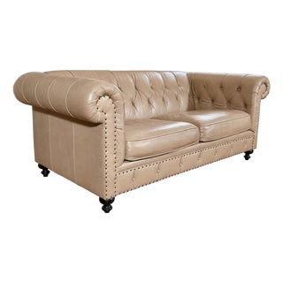 Bernhardt Tan Leather Tufted Chesterfield Loveseat Sofa For Sale