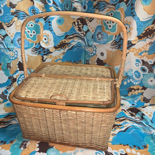 1970s Rattan Lined Picnic Basket For Sale - Image 4 of 10