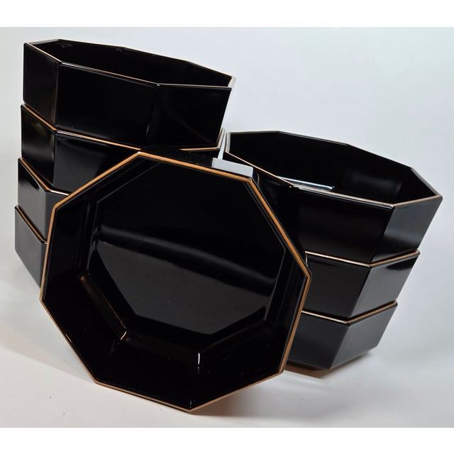 Glass Modern Gold Rimmed Black Glass Bowls- Set of Eight For Sale - Image 7 of 12