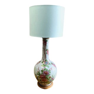Vintage Celedon Chinoiserie Floral Hand Painted Lamp With Matching Shade For Sale