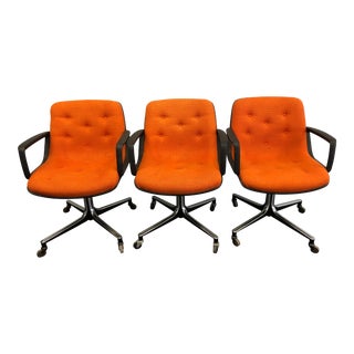 Vintage Mid Century Modern Orange Swivel Office Chairs in the Style of Charles Pollock - a - Set of 3 For Sale