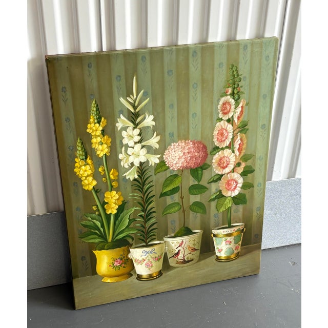 Vintage Floral Topiary Oil Painting on Canvas by Fabrice De Villeneuve For Sale - Image 4 of 11