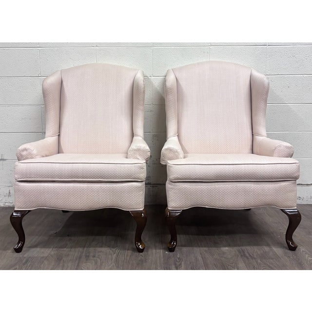 This is a gorgeous pair of vintage Charles Custom Furniture high-back wingback chairs from Council Bluffs, Iowa. Features...
