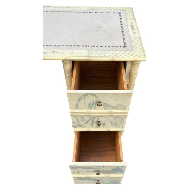 Faux Bamboo Hand Painted Blue and Creme Chinoiserie Desk For Sale - Image 11 of 12