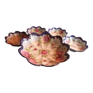 1960s Floral & Gilded Berry Bowl & Serveware Set- 5 Pieces