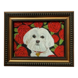 Contemporary Maltese With Red Roses Small Dog Print by Judy Henn Tabletop Frame For Sale