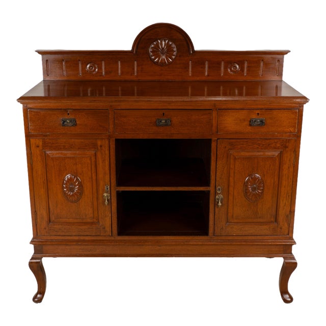 Early 20th Century English Edwardian Oak Sideboard Buffet Server Carved Sunflower Motif Cabinet For Sale