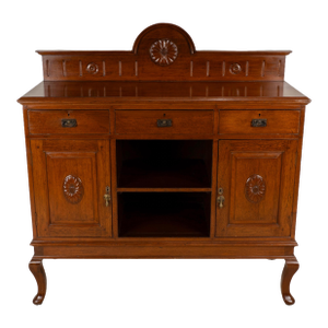 Early 20th Century English Edwardian Oak Sideboard Buffet Server Carved Sunflower Motif Cabinet