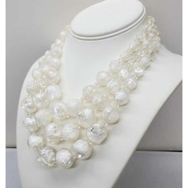 Vintage Signed Hattie Carnegie White/Clear Givre Beaded 3-Strand Necklace For Sale In Philadelphia - Image 6 of 10