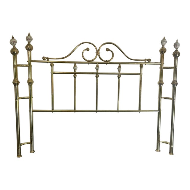 1980s Brass Porcelain Hand Painted Queen Headboard For Sale