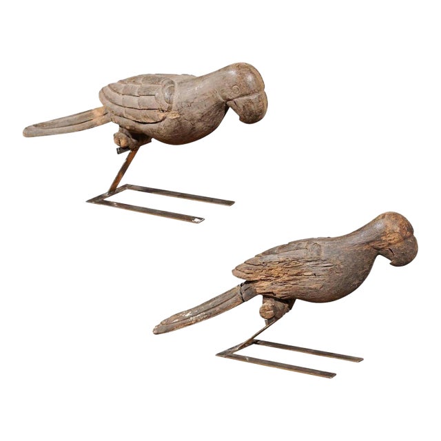 Pair of Italian Carved Wooden Parrots circa 1880, Mounted on Modern Steel Bases For Sale