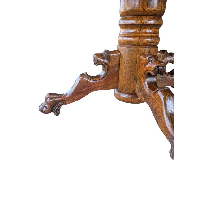 Brown Antique Carved Oak Lion Head Pedestal Dining Table With 3 Leaves - 42" to 69" For Sale - Image 8 of 16