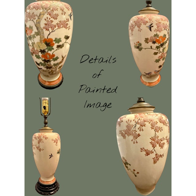 Mid 20th Century Vintage Satsuma Style Porcelain Table Lamp-Floral-Birds-Crackle Glaze-Wood Base For Sale - Image 5 of 10