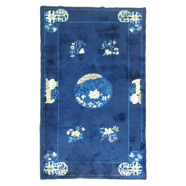 Textile 1920s Zabihi Collection Navy Blue Ivory Traditional Chinese Peking Rug For Sale - Image 7 of 18