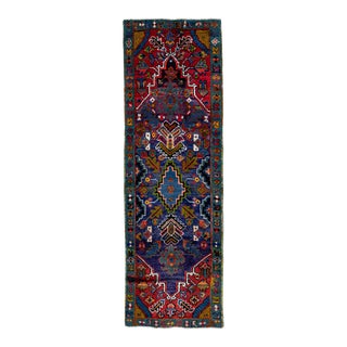 Vintage Handmade Persian Blue Geometric Wool Runner Rug 2'9" X 8'4" For Sale