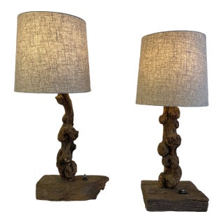 1970s Pair Burl Wood Table Lamps For Sale