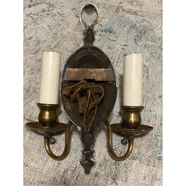 Antique Solid Brass Dutch Colonial Style Wall Sconce With Pull Two Light For Sale In Pittsburgh - Image 6 of 6
