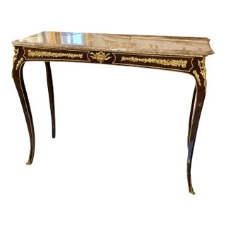 French Rococo Console Table – Dark Brown Finish With Marble Top & Gold Leaf Details For Sale