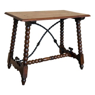 19th Spanish Sturdy Side Table with Carved Turned Legs and Double Stretcher For Sale