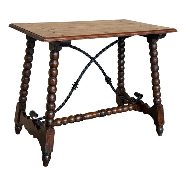 19th Spanish Sturdy Side Table with Carved Turned Legs and Double Stretcher For Sale