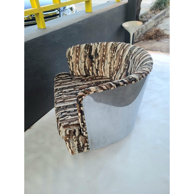 Fantastic 1970s Swivel Rocker Chrome backed Tub Chair by Milo Baughman for Thayer Coggin. Reupholstered in Donghia Fabric...