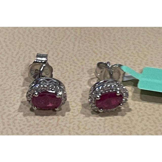 1 Carat Oval Natural Ruby and Diamond Stud Post Earrings 14 Karat White Gold For Sale In New York - Image 6 of 18