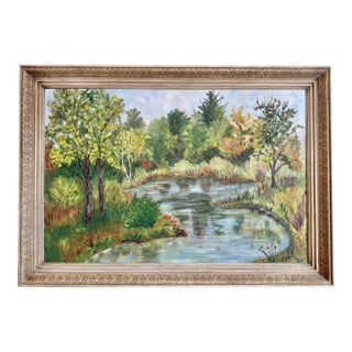Large 1970s Folk Art Landscape Oil Painting, Framed For Sale