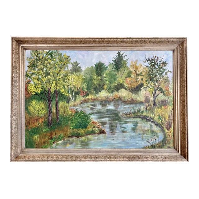 Large 1970s Folk Art Landscape Oil Painting, Framed For Sale
