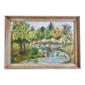 Large 1970s Folk Art Landscape Oil Painting, Framed