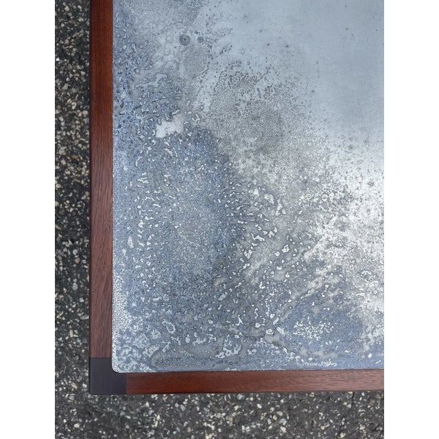 Silver Restored Harry Lunstead Acid Etched Zinc and Walnut Side Table For Sale - Image 8 of 12