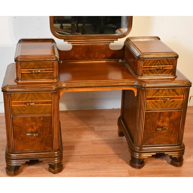 1950s Vintage Art Deco Walnut Inlaid Vanity and Mirror / Makeup Table For Sale - Image 10 of 16