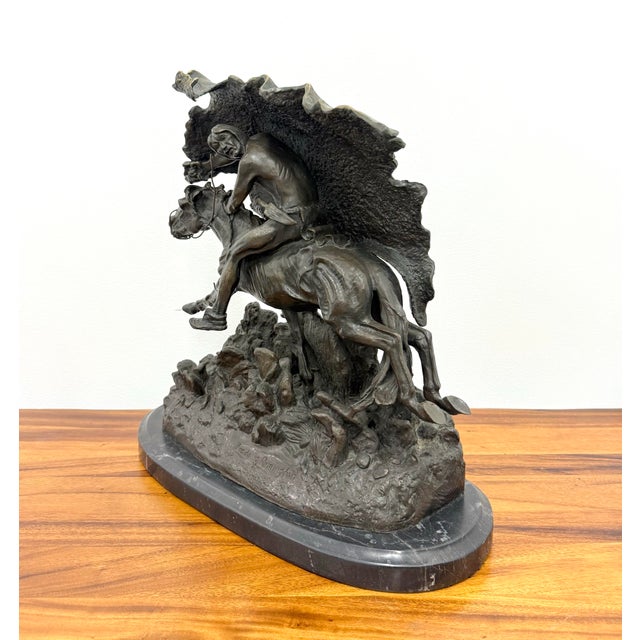 Vintage Large Scale Patinated Bronze Frederic Remington Sculpture on Marble Plinth For Sale - Image 4 of 7