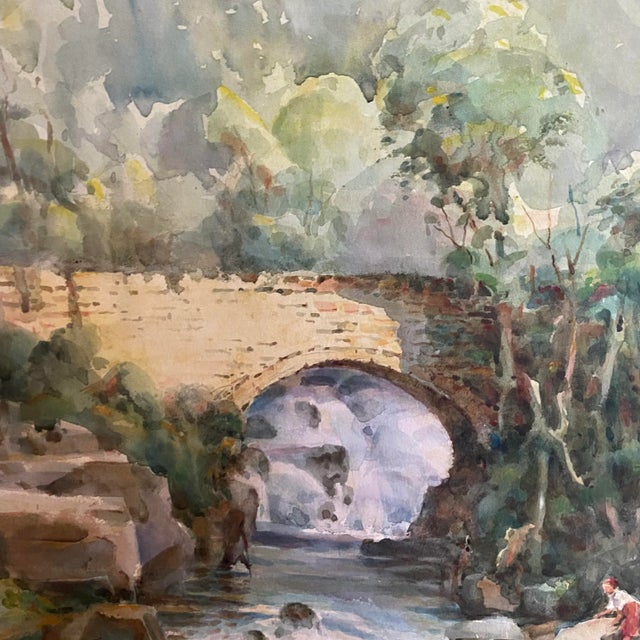 Mid 20th Century Listed British Artist Bernard Harper Wiles 1883-1966 - Framed Original Watercolor of Bridge Over a River in England For Sale - Image 5 of 12