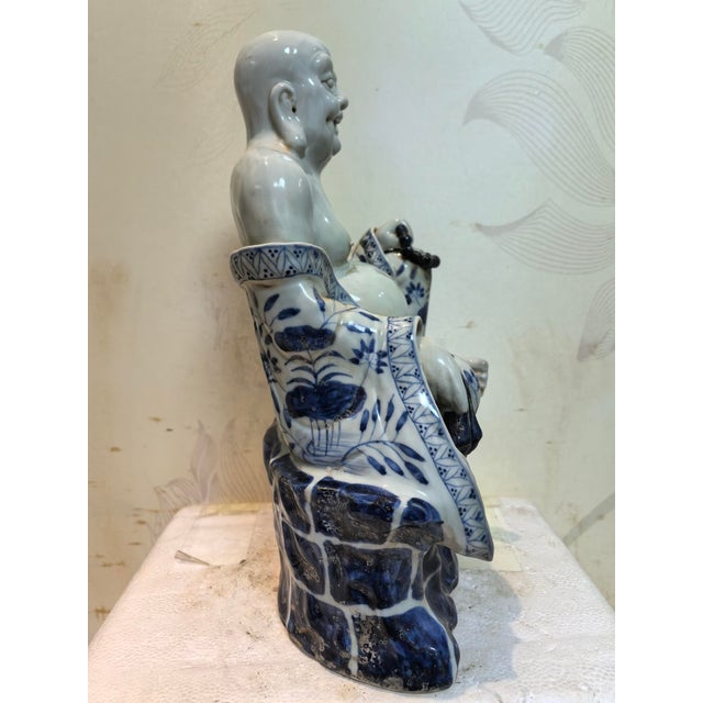 Early 20th Century Chinese Vintage Ceramic Buddhist Sculpture,Hand Carved Blue and White Porcelain the Eighteen Arhats Statue For Sale - Image 5 of 9