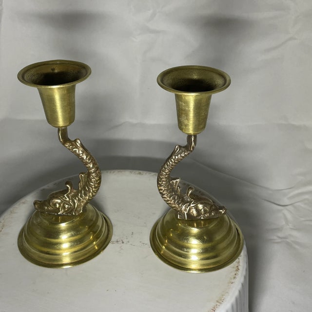 Campaign Vintage Brass Dolphin Candlestick Holders- Pair For Sale - Image 3 of 11